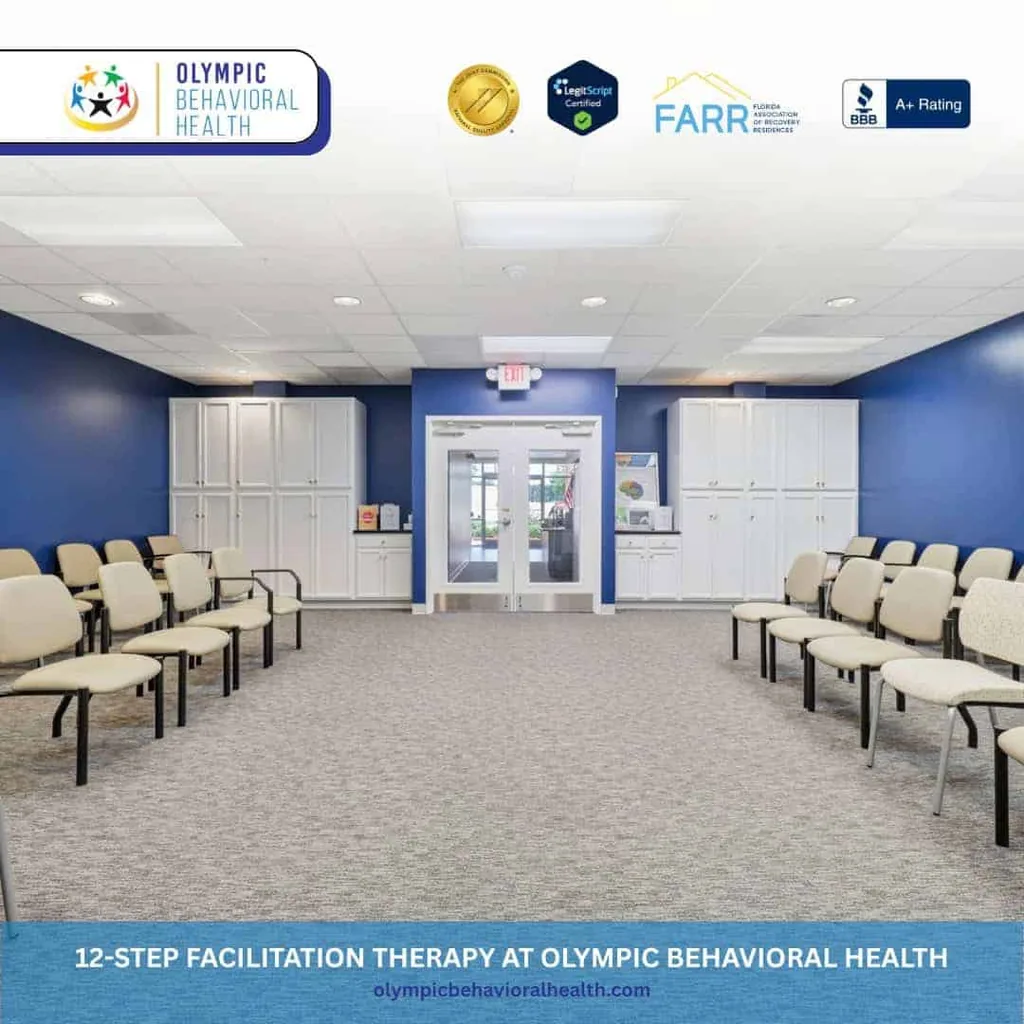 Group room with rows of chairs and blue walls, captioned 12-Step Facilitation Therapy at Olympic Behavioral Health