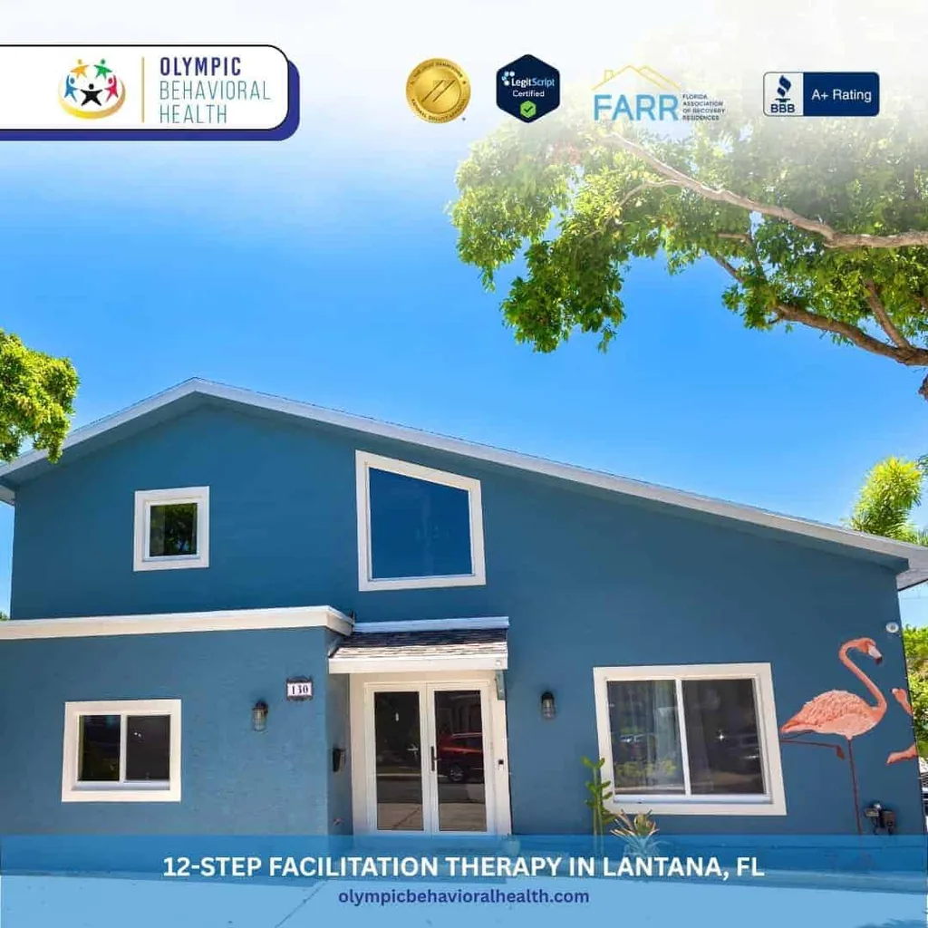Blue two-story Olympic Behavioral Health building, captioned 12-Step Facilitation Therapy in Lantana, FL