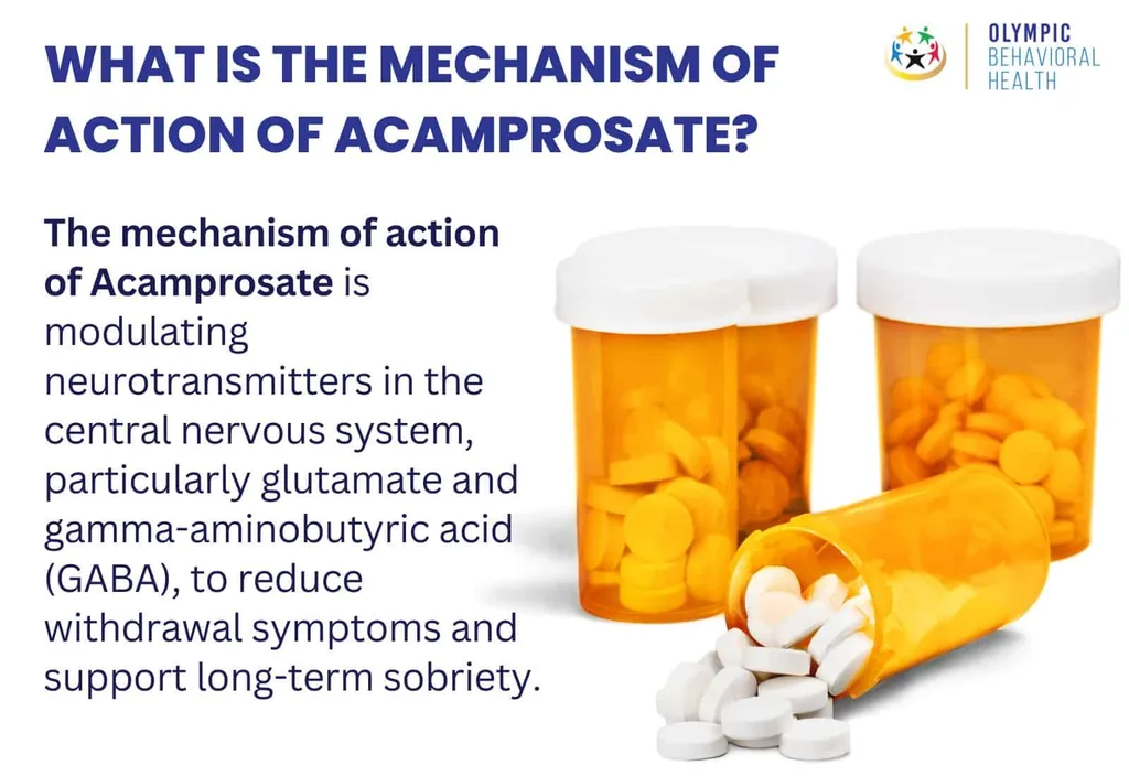Mechanism of action of acamprosate: modulating glutamate and GABA to ease withdrawal, beside spilled orange pill bottles