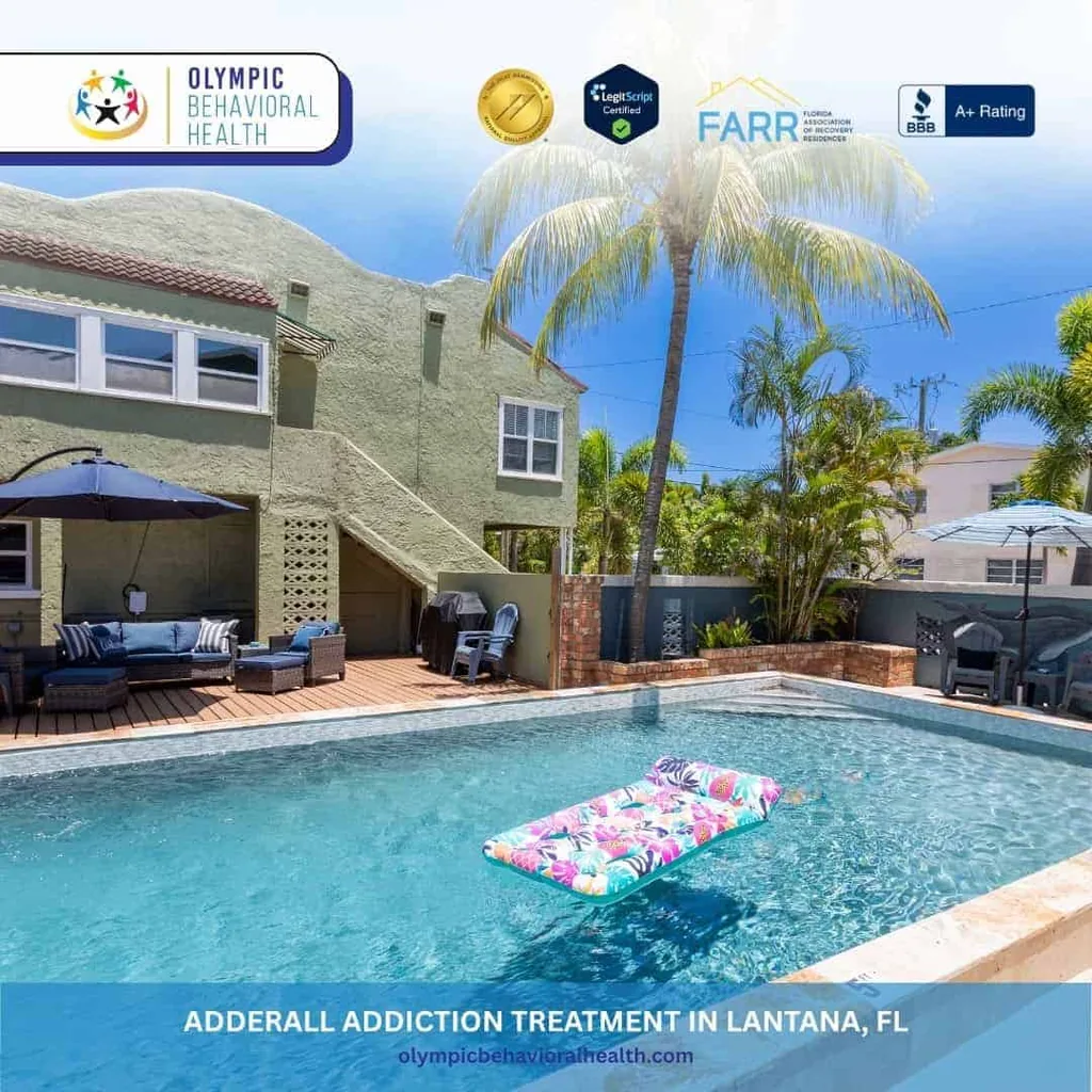 Pool with float and patio at Olympic Behavioral Health, captioned Adderall Addiction Treatment in Lantana, FL