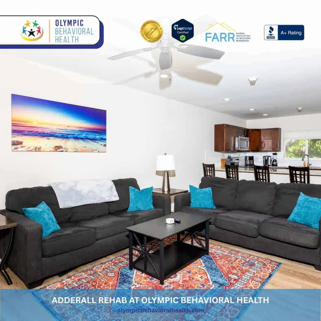 Living room with dark sofas and teal pillows, captioned Adderall Rehab at Olympic Behavioral Health, with credential badges