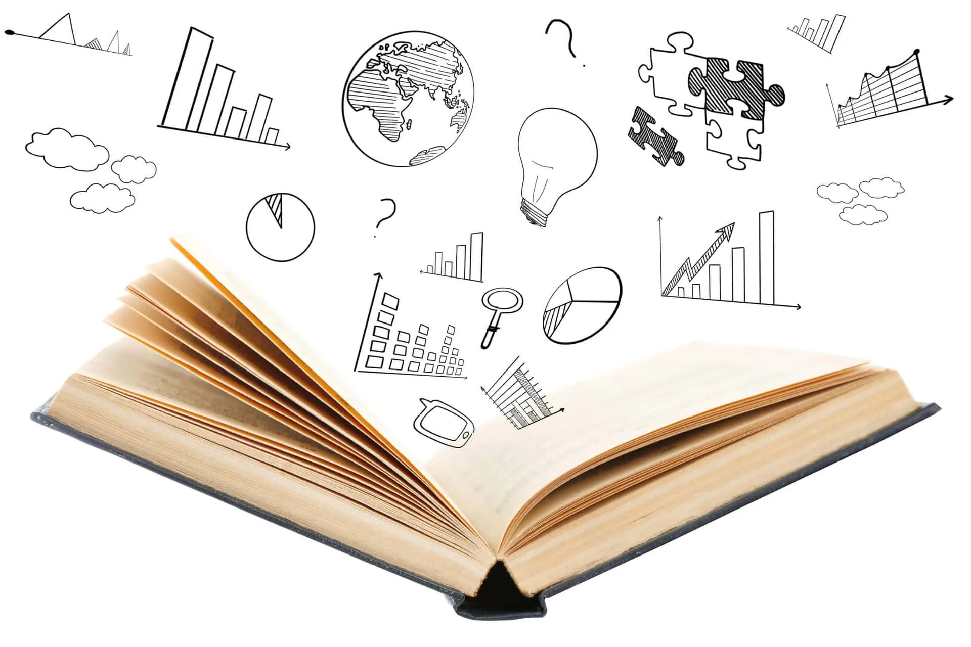 Open book with sketched charts, a globe and lightbulb, illustrating addiction statistics for Cape Coral, Florida