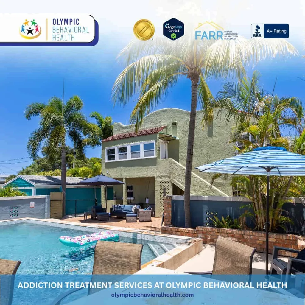 Pool, palm trees and patio umbrella at a residence, captioned Addiction Treatment Services at Olympic Behavioral Health