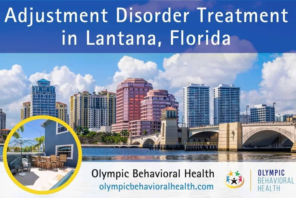 Adjustment Disorder Treatment in Lantana, Florida banner over the West Palm Beach skyline and bridge with facility inset