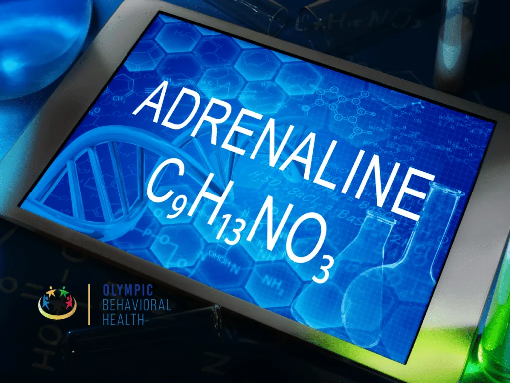 Tablet screen showing the word Adrenaline and its formula C9H13NO3 over a DNA graphic, explaining adrenaline's function
