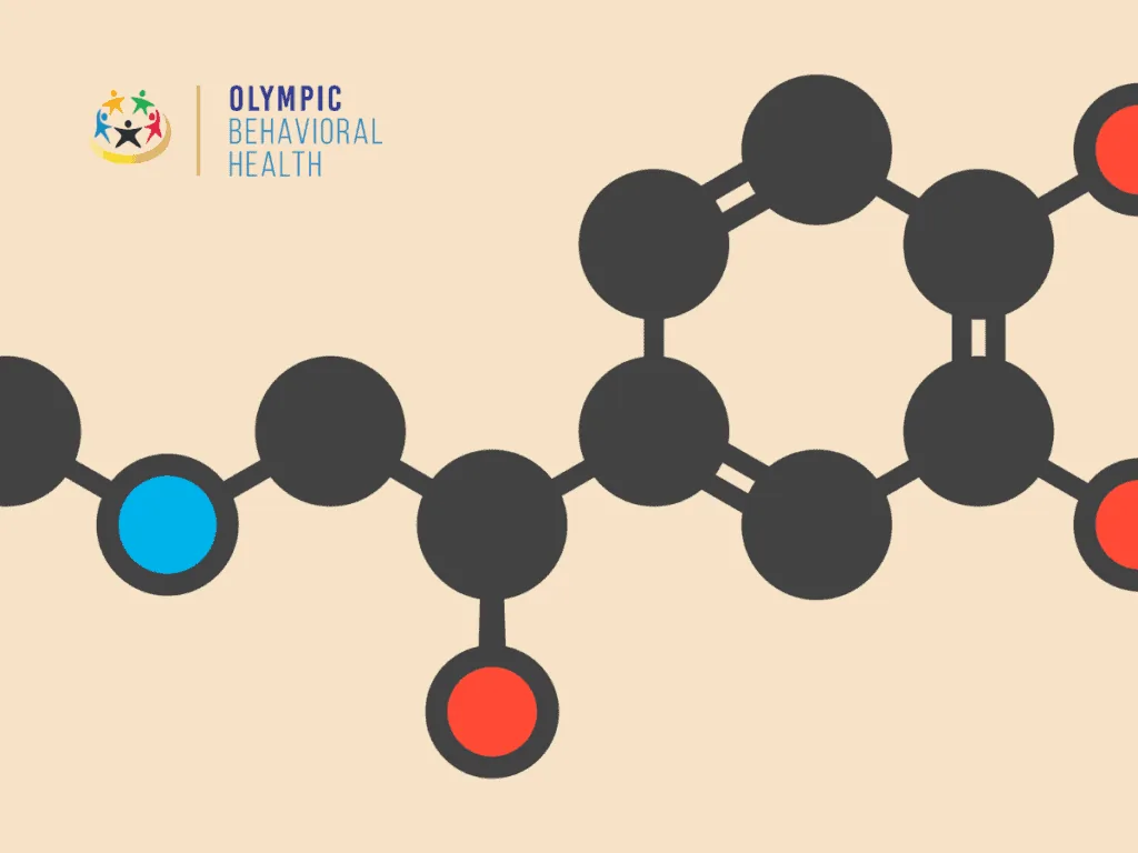 Stylized molecular structure graphic of adrenaline with dark atoms and red and blue accents on a peach background