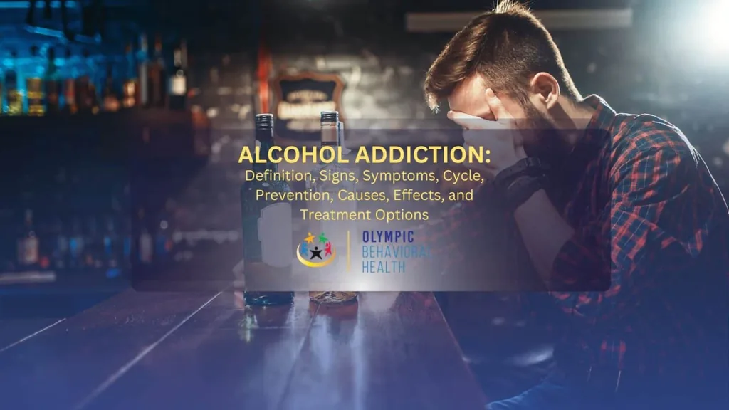 Man slumped at a bar with the title Alcohol Addiction: Definition, Signs, Symptoms, Cycle, Prevention and Treatment Options