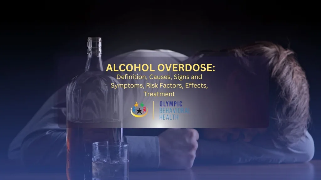 Man passed out at a table by a liquor bottle with the title Alcohol Overdose: Definition, Causes, Signs and Symptoms