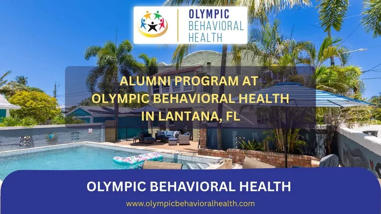 Alumni Program at Olympic Behavioral Health in Lantana, FL banner over the facility's pool and palm trees