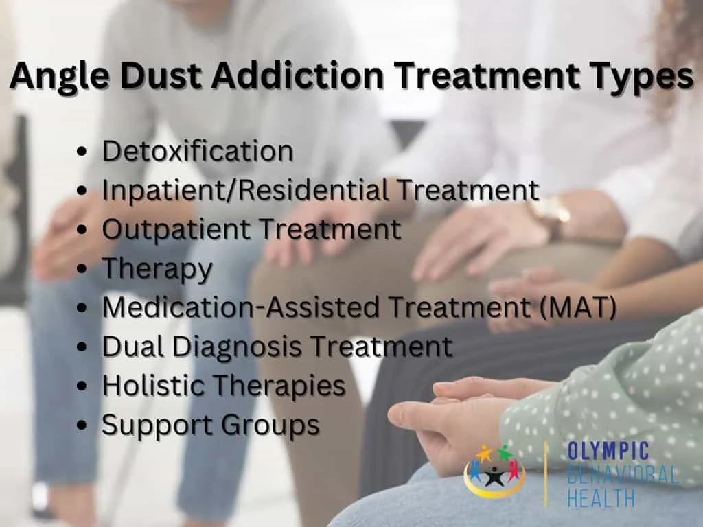 Angel Dust Addiction Treatment Types list: detox, residential, outpatient, therapy, MAT, dual diagnosis and support groups
