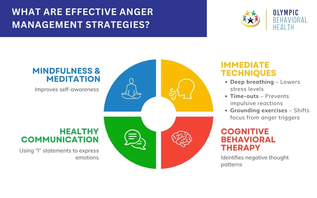 Anger management strategies wheel: immediate techniques, CBT, healthy communication, and mindfulness and meditation
