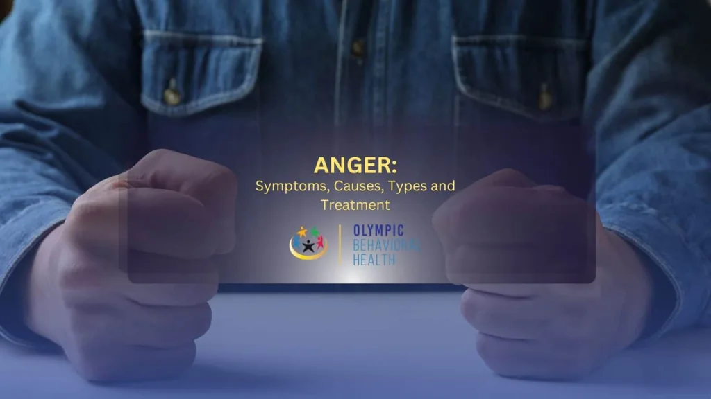 Anger: Symptoms, Causes, Types and Treatment title graphic over a man clenching his fists at a table