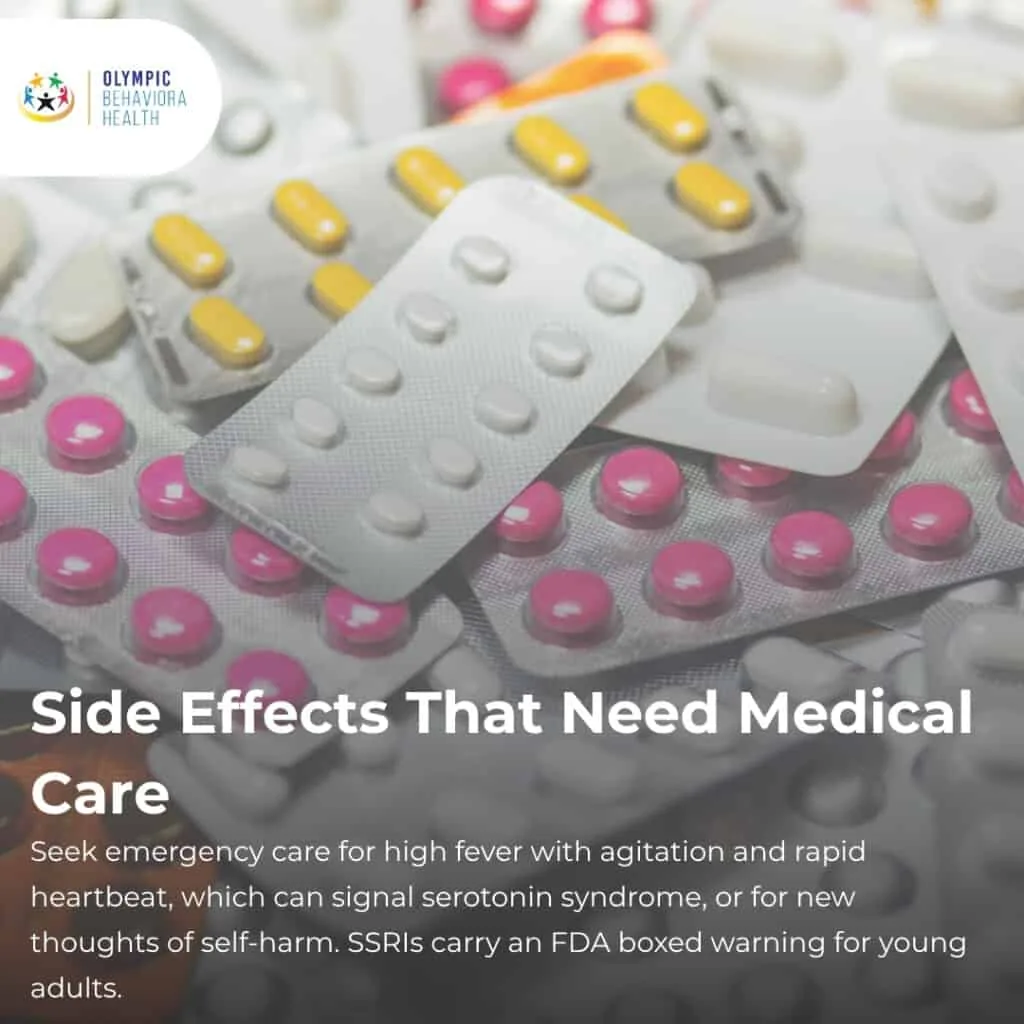 Side Effects That Need Medical Care graphic over pill blister packs, warning of serotonin syndrome and self-harm thoughts