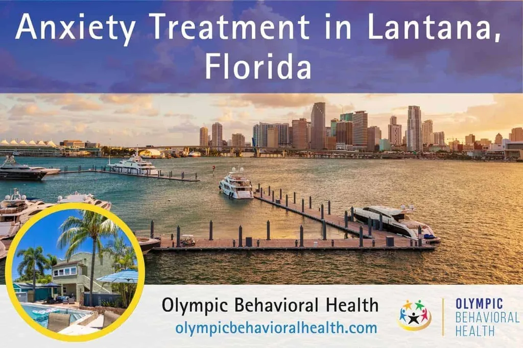 Anxiety Treatment in Lantana, Florida banner over a waterfront skyline at sunset with facility inset