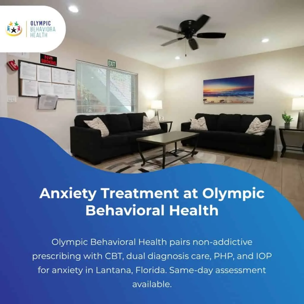 Anxiety Treatment at Olympic Behavioral Health graphic over a lounge, citing non-addictive prescribing, CBT, PHP and IOP