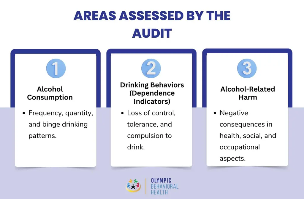 Areas assessed by the AUDIT: alcohol consumption, drinking behaviors or dependence indicators, and alcohol-related harm