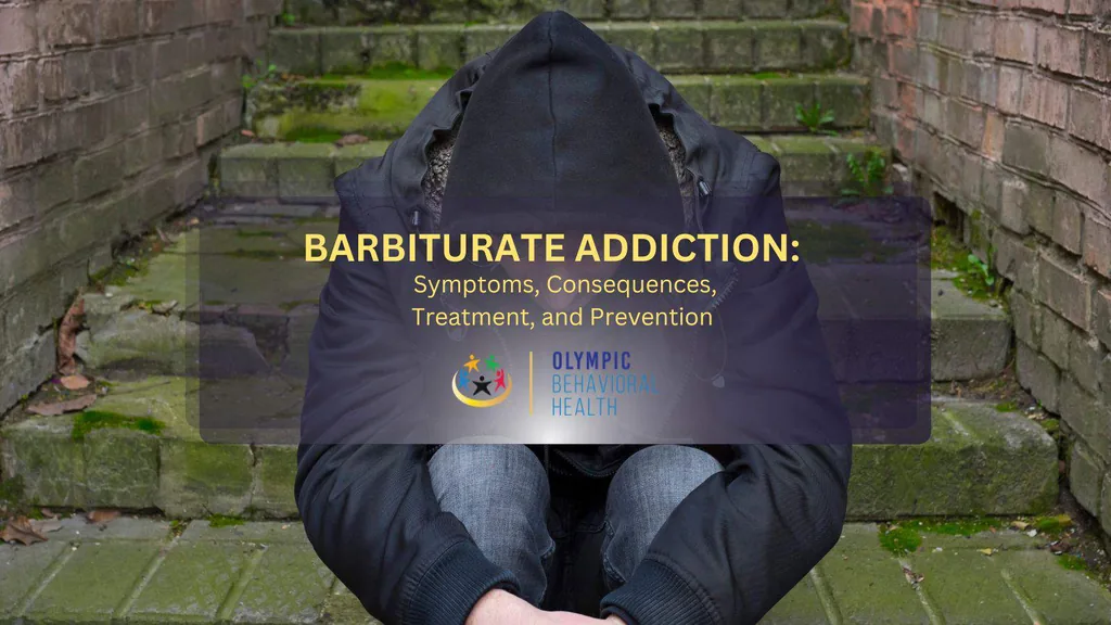Barbiturate Addiction: Symptoms, Consequences, Treatment, and Prevention title over a hooded person on mossy steps