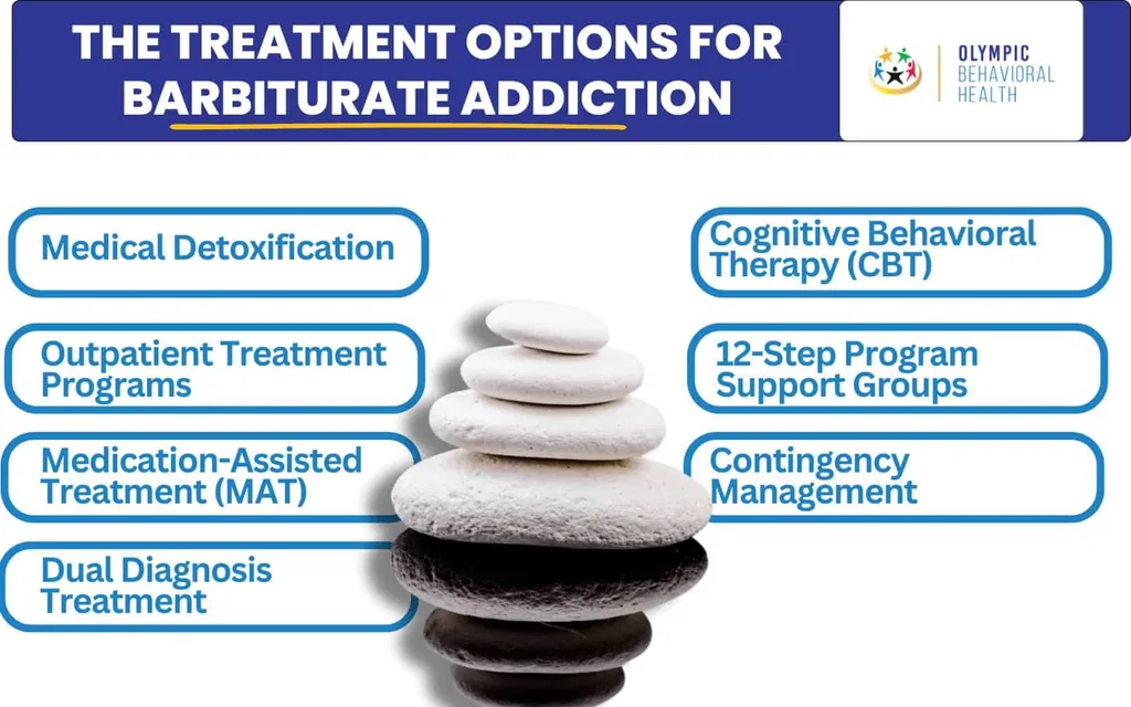 Stacked stones with barbiturate addiction treatments: medical detox, outpatient, MAT, dual diagnosis, CBT, 12-step