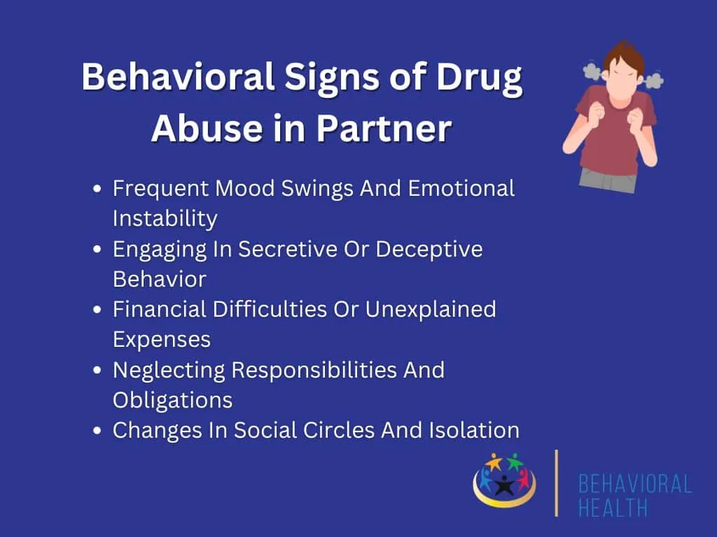 Behavioral Signs of Drug Abuse in Partner list, including mood swings, secretive behavior and unexplained expenses