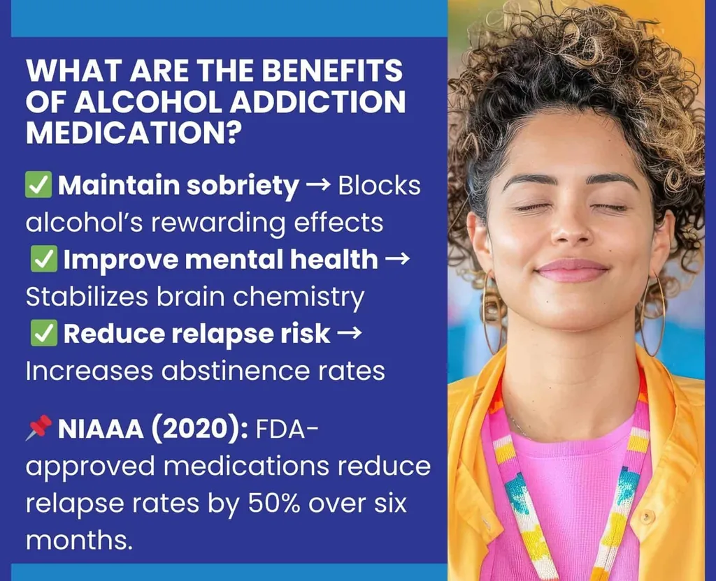 Benefits of alcohol addiction medication: maintain sobriety, improve mental health, reduce relapse, citing NIAAA (2020)
