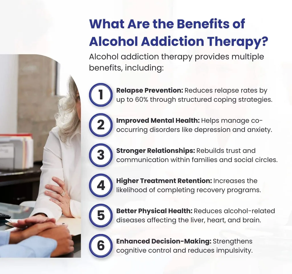 Six benefits of alcohol addiction therapy, including relapse prevention, better mental health and stronger relationships