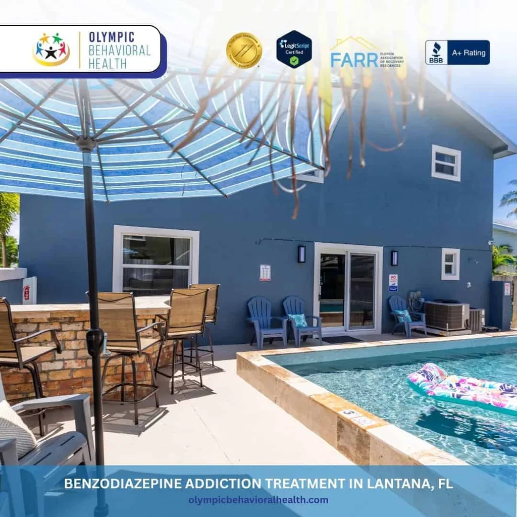 Pool and patio bar seating behind a blue building, captioned Benzodiazepine Addiction Treatment in Lantana, FL