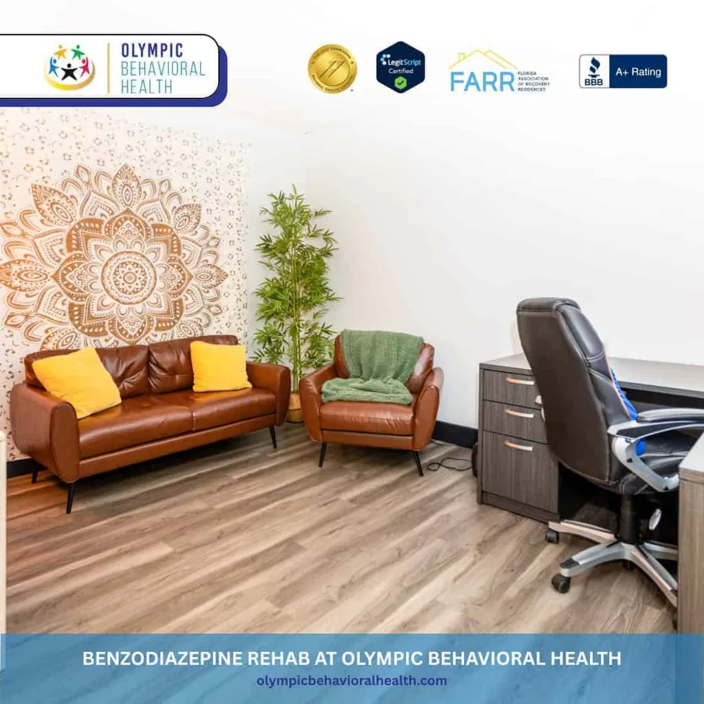 Therapy office with leather sofa, mandala tapestry and desk, captioned Benzodiazepine Rehab at Olympic Behavioral Health