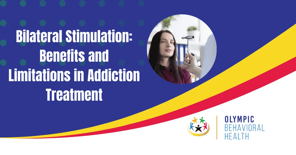 Bilateral Stimulation: Benefits and Limitations in Addiction Treatment title graphic with a woman in a therapy session