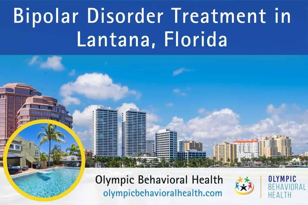 Bipolar Disorder Treatment in Lantana, Florida banner over the West Palm Beach skyline with facility inset