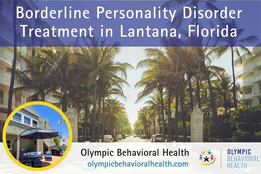 Borderline Personality Disorder Treatment in Lantana, Florida banner over a palm-lined street with facility inset