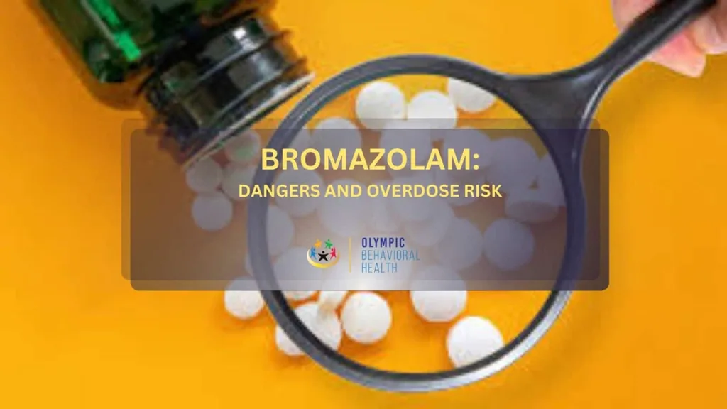 Bromazolam: Dangers and Overdose Risk title over a magnifying glass over spilled white pills