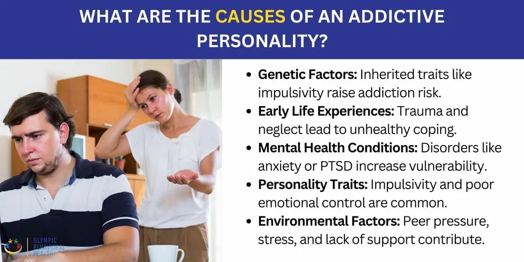 Causes of an addictive personality: genetics, early life experiences, mental health conditions, personality and environment