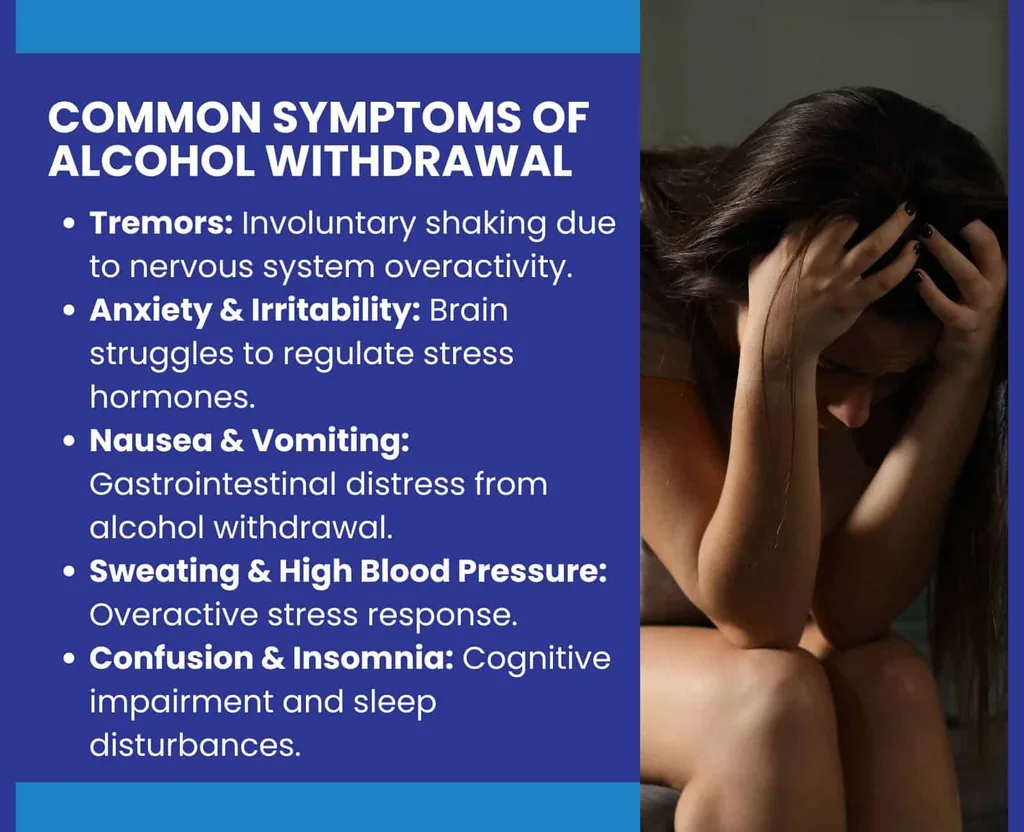 Common symptoms of alcohol withdrawal: tremors, anxiety and irritability, nausea, sweating, high blood pressure and insomnia
