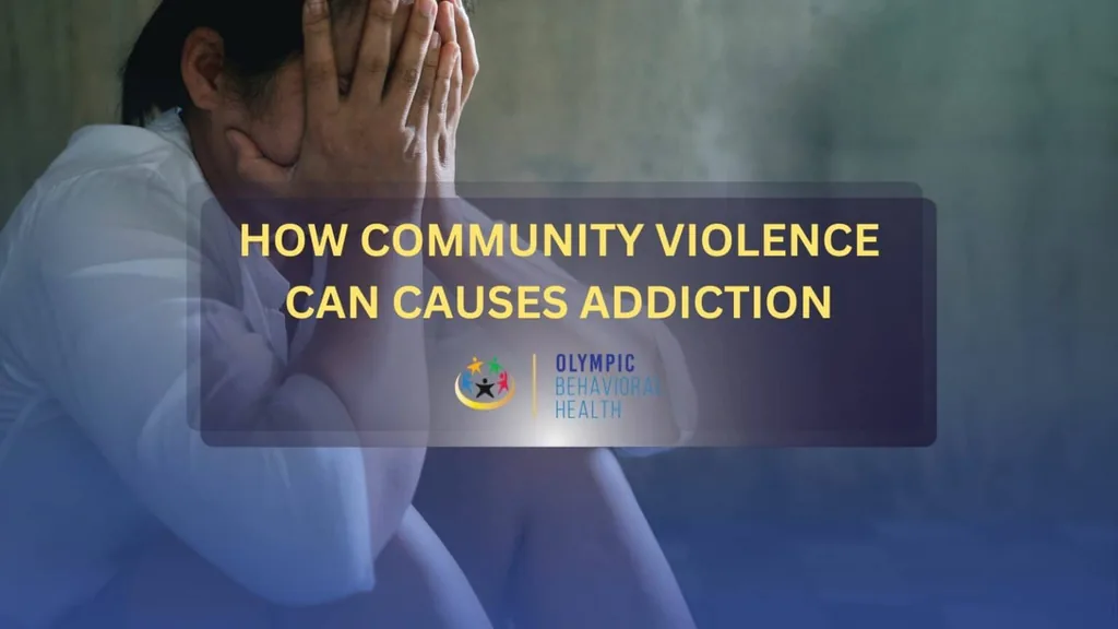 How Community Violence Can Cause Addiction featured banner over a distressed woman holding her head
