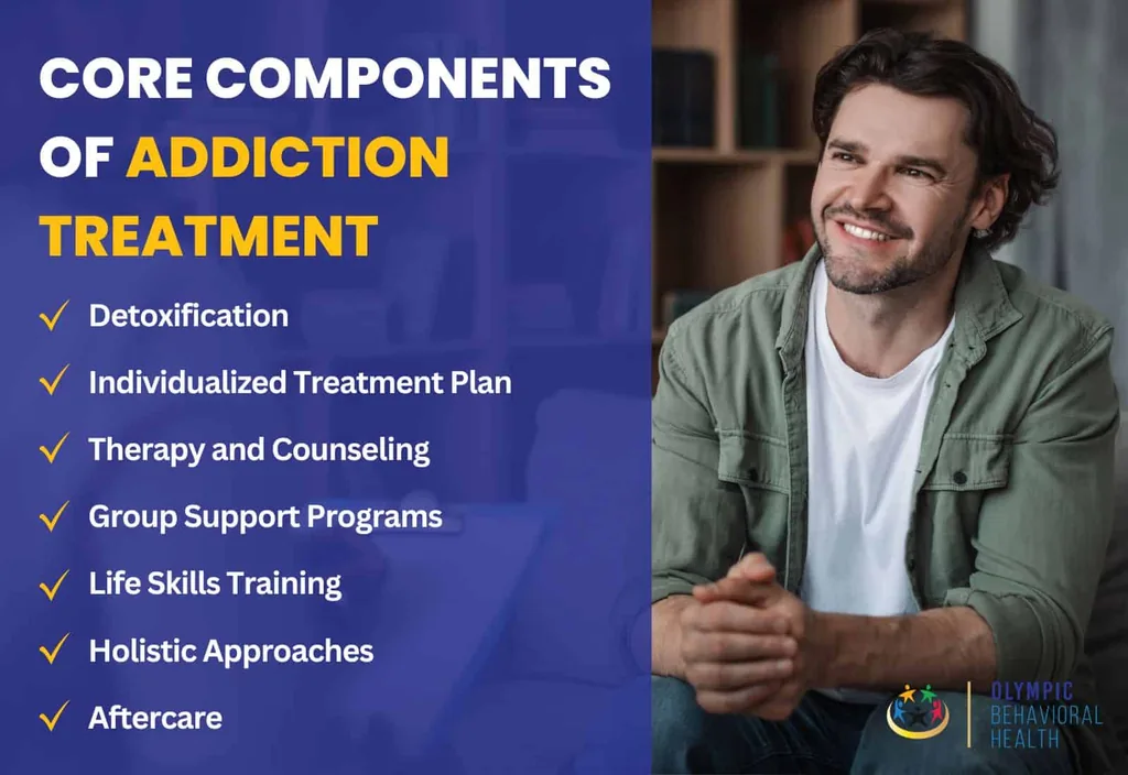 Core components of addiction treatment: detox, individualized plan, therapy, group support, life skills and aftercare