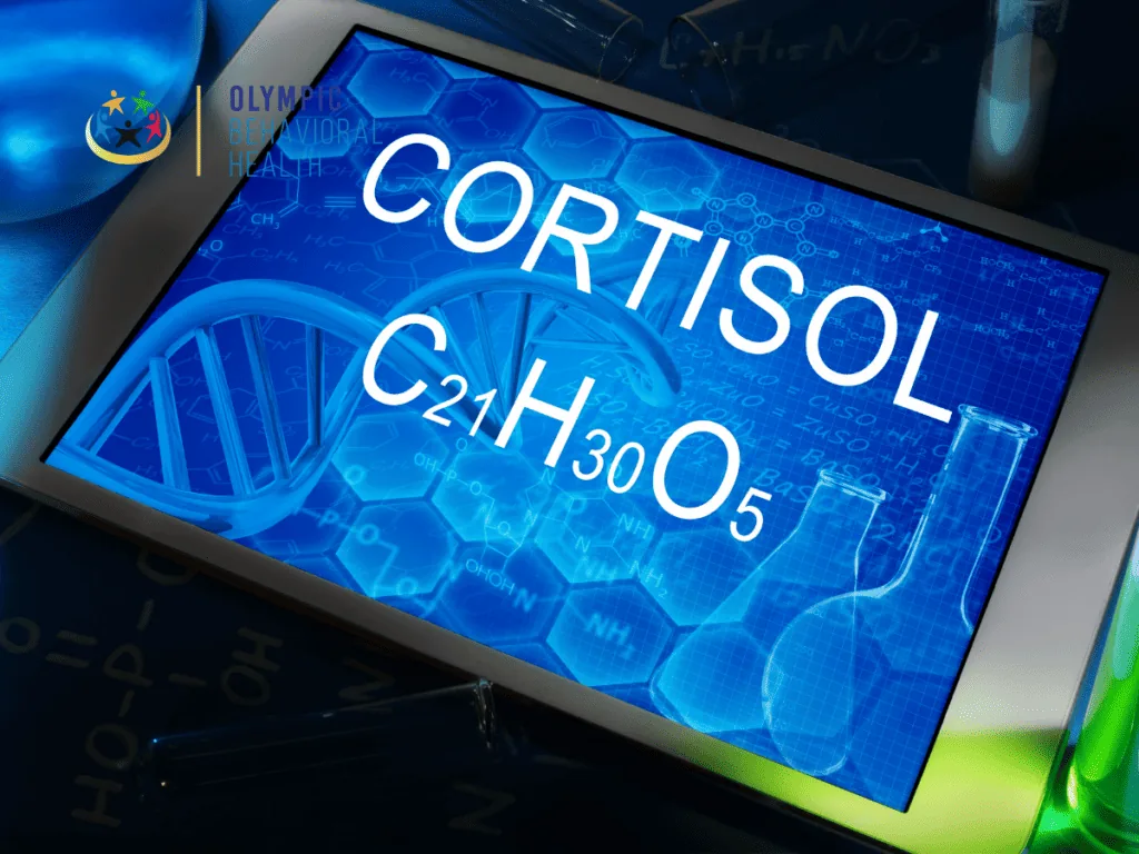 Tablet screen showing the word Cortisol and its formula C21H30O5 over a DNA graphic, explaining what cortisol is