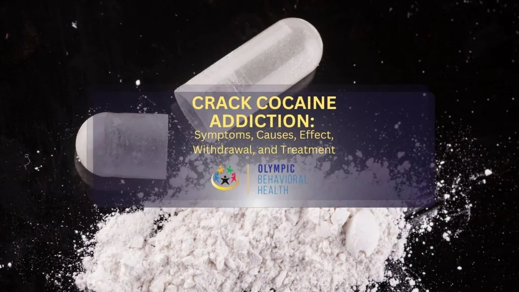 Crack Cocaine Addiction: Symptoms, Causes, Effect, Withdrawal, and Treatment title over white powder and a capsule