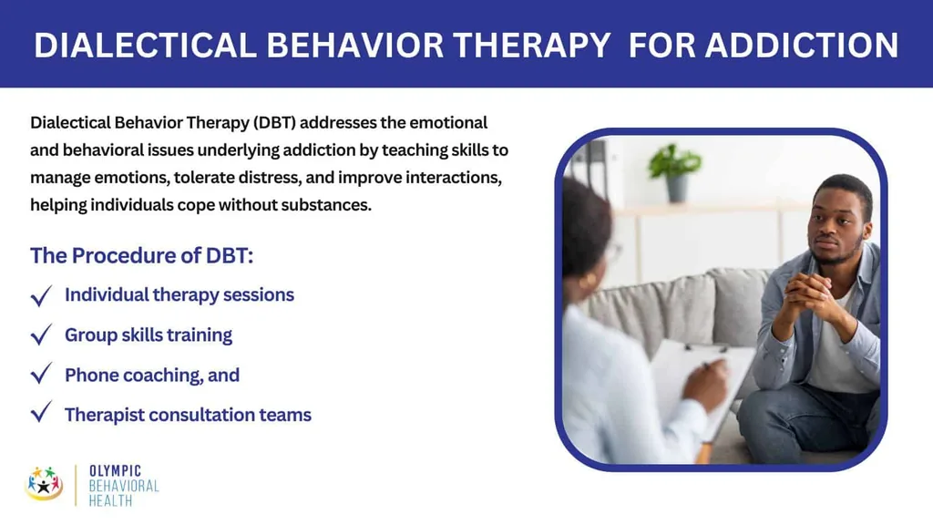 Infographic on how DBT works for addiction, listing individual sessions, group skills training, phone coaching and teams