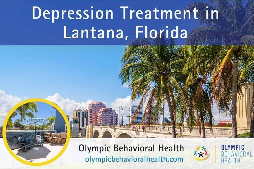 Depression Treatment in Lantana, Florida banner over palms and the West Palm Beach waterfront with facility inset