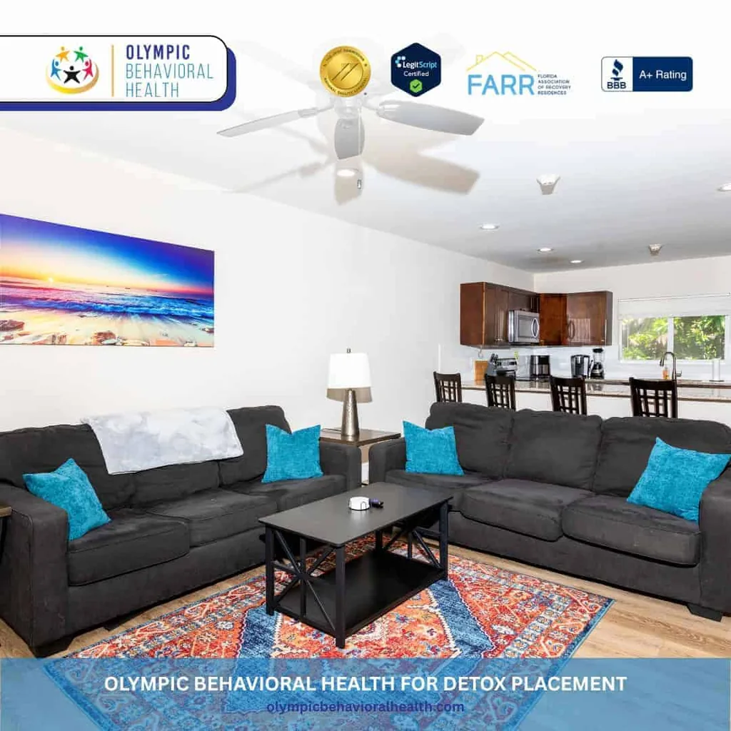 Living room with dark sofas and teal pillows, captioned Olympic Behavioral Health for Detox Placement