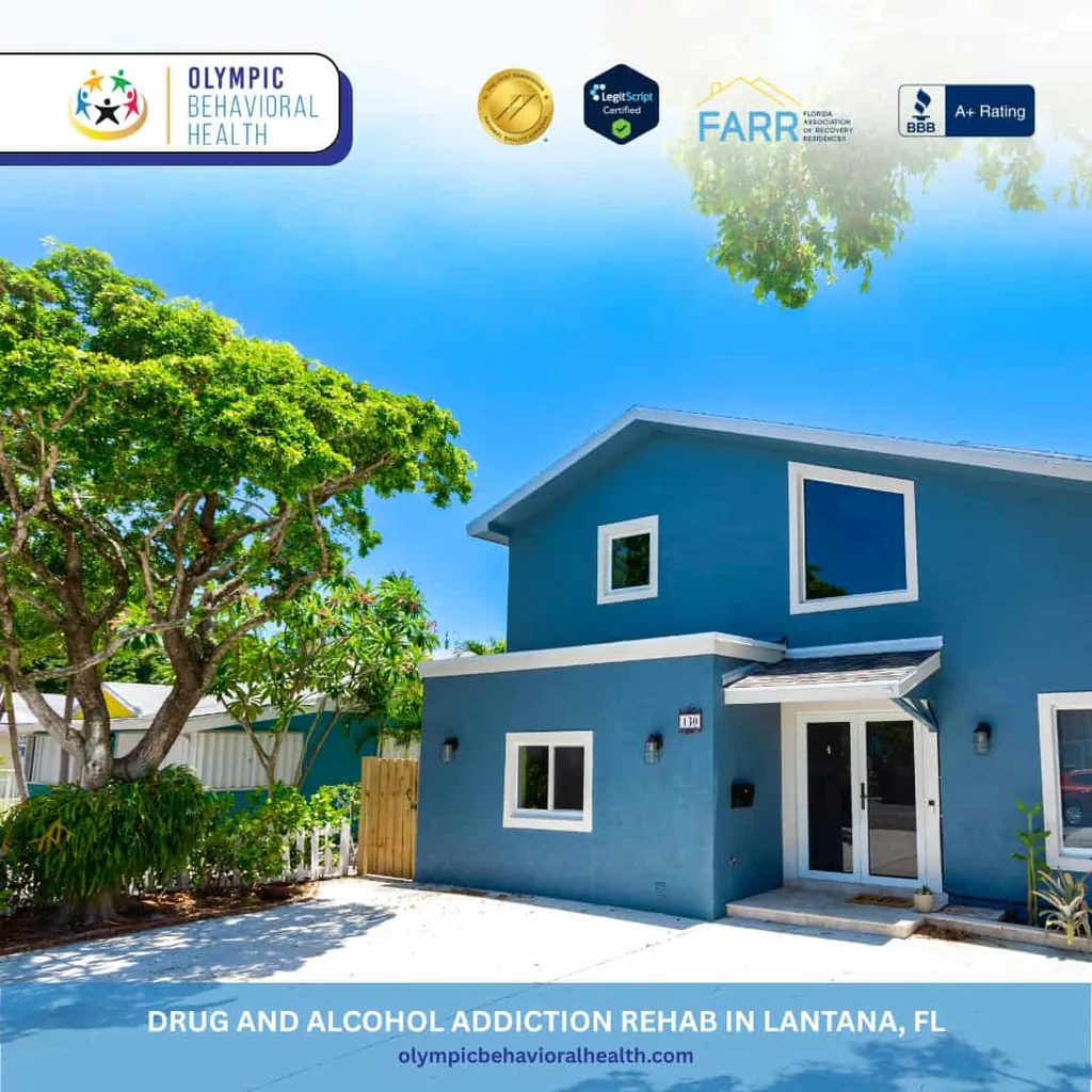 Blue two-story Olympic Behavioral Health building, captioned Drug and Alcohol Addiction Rehab in Lantana, FL