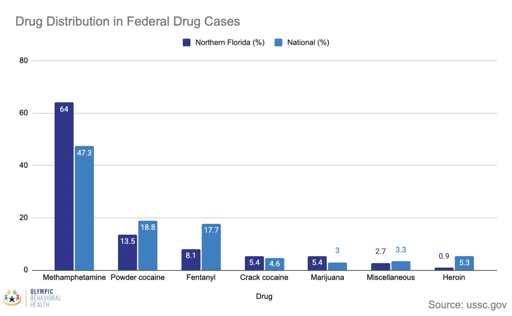Bar chart of drug distribution in federal drug cases, Florida vs national: methamphetamine 64% vs 47.3%; source ussc.gov