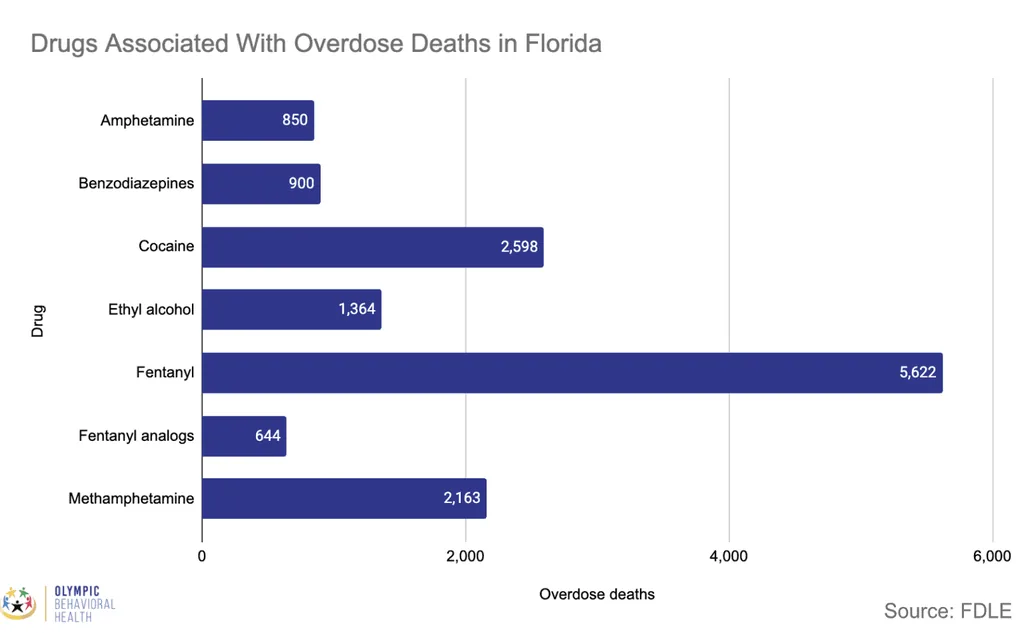 Bar chart of drugs tied to Florida overdose deaths, led by fentanyl at 5,622, cocaine at 2,598 and meth at 2,163