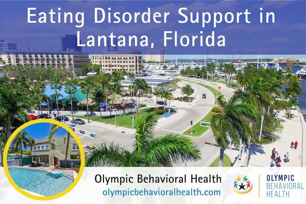 Eating Disorder Support in Lantana, Florida banner over a palm-lined waterfront road with facility inset
