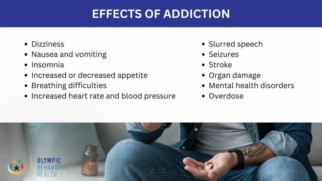 Effects of Addiction list, including dizziness, insomnia, breathing problems, seizures, organ damage and overdose