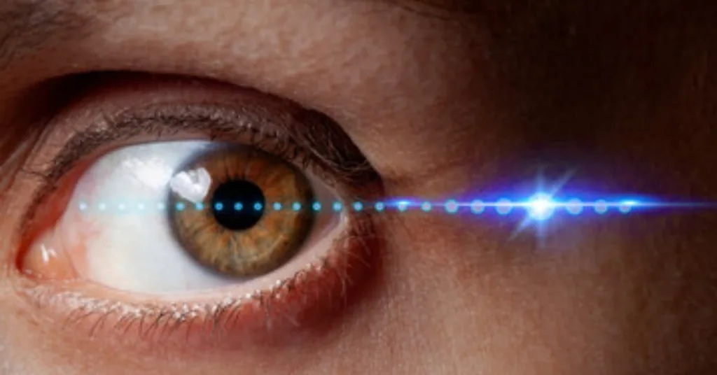 Close-up of a brown eye following a glowing blue light beam, illustrating eye movements used in EMDR therapy