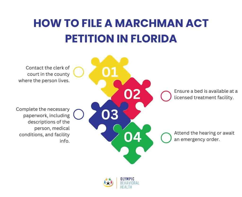 Four steps to file a Marchman Act petition in Florida: contact the clerk, do paperwork, secure a bed, attend the hearing