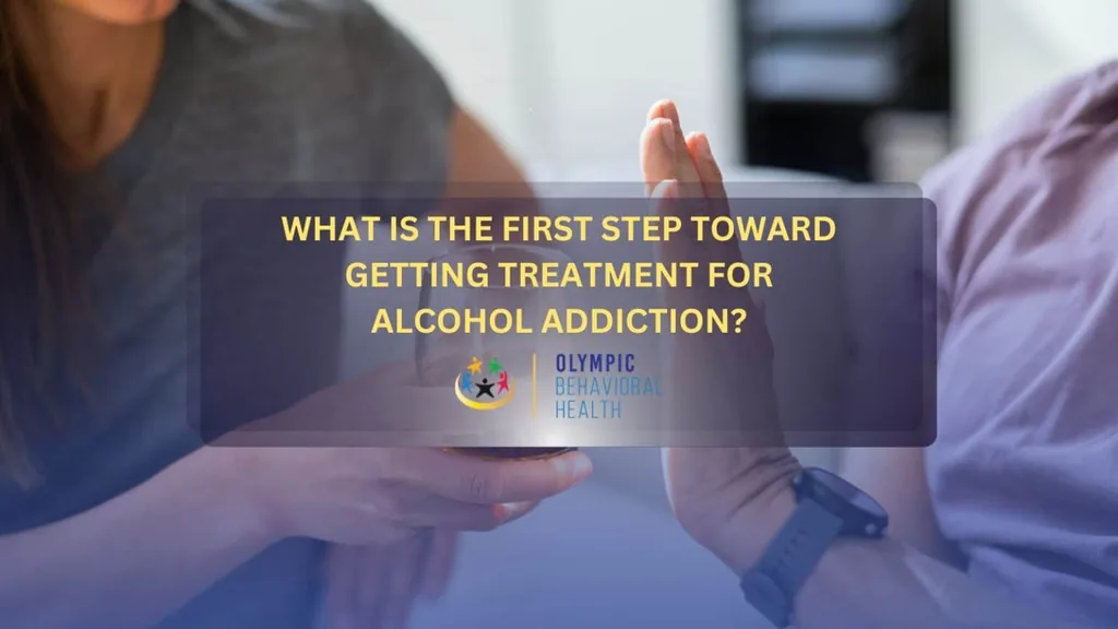 Title banner for What Is the First Step Toward Getting Treatment for Alcohol Addiction? over a hand refusing a drink