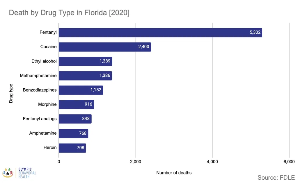 Bar chart of Florida deaths by drug type in 2020, led by fentanyl at 5,302, then cocaine at 2,400 and alcohol at 1,389