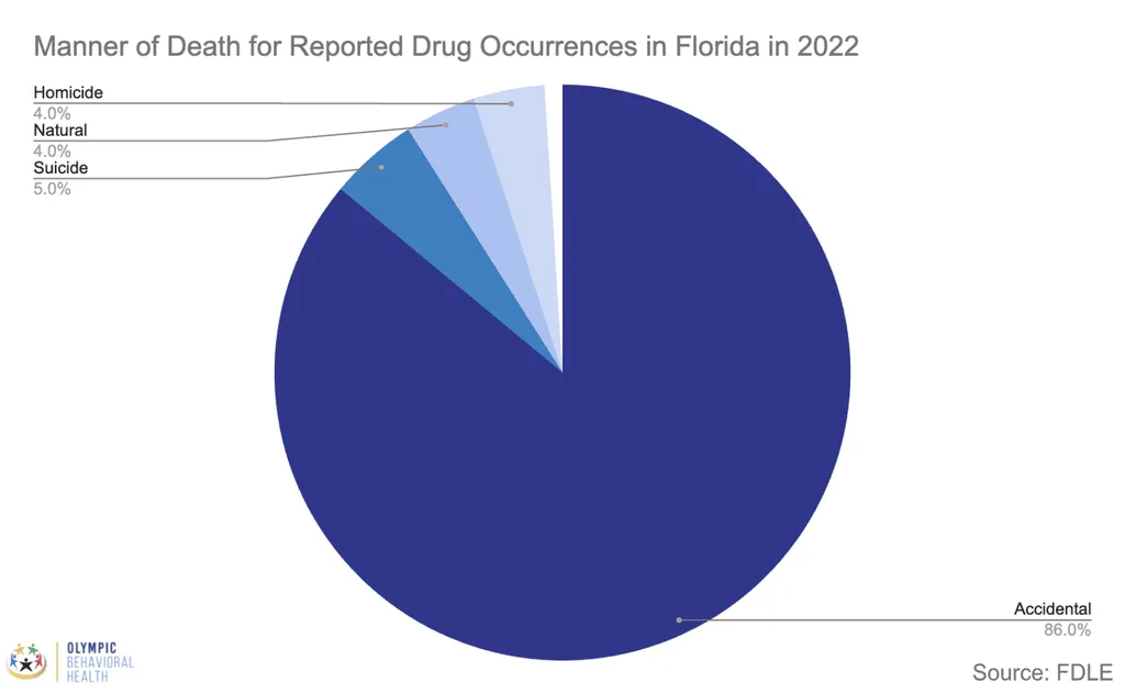 Pie chart of manner of death for drug occurrences in Florida in 2022: 86% accidental, 5% suicide, 4% natural, 4% homicide
